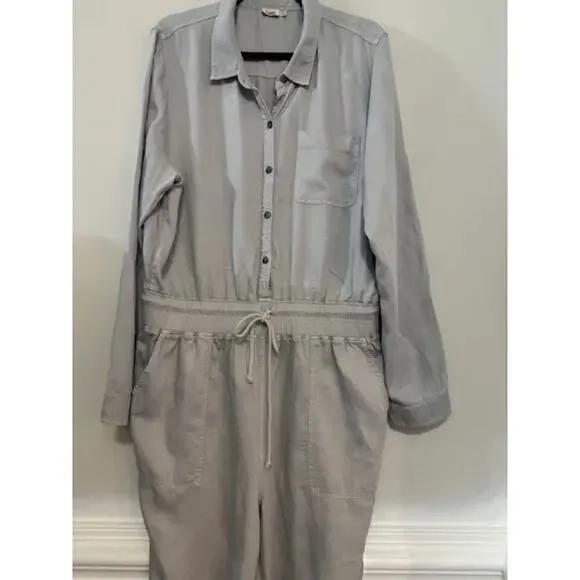Faherty Arlie Day Jumpsuit in Stone Womens XL Romper Tie Waist Joffer Leg Collar